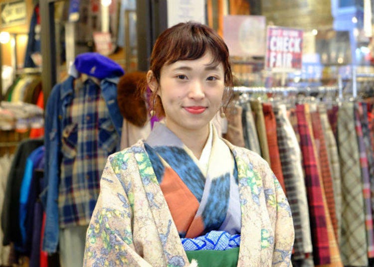 ▲Staff member who coordinated her kimono, obi, obi sash, and haori in blue