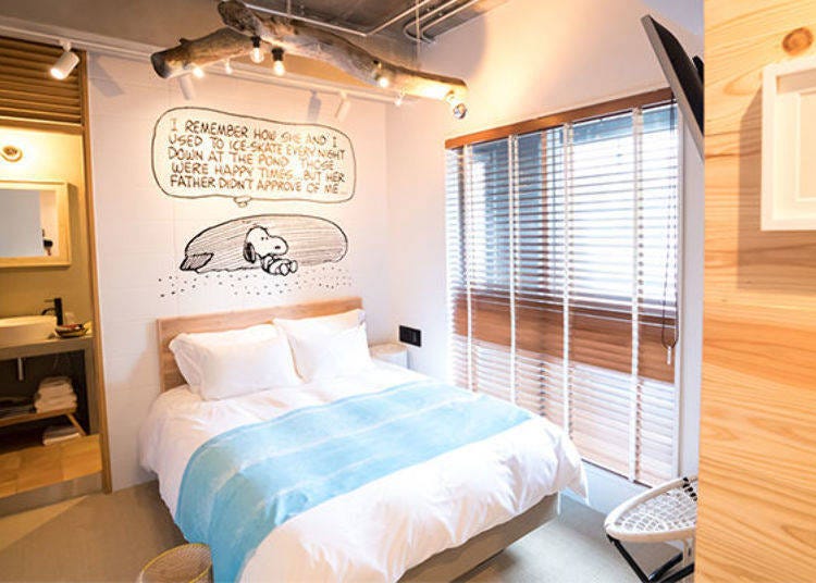 ▲海軍風雙人房「Room52」的房名為「Cowabunga！（做得好！）」，在房裡可以四處看見衝浪技巧一流的史努比乘風破浪的姿態