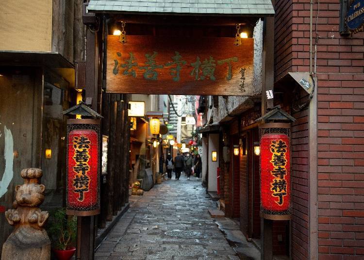 Red lanterns at the entrance to Hozenji Alley