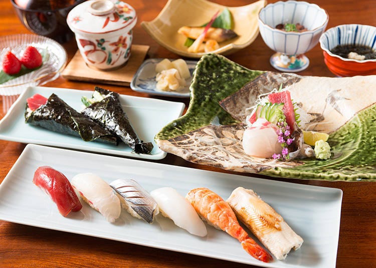 Dinner Menu: Otegaru Sushi Kaiseki “Hamakaze” (6000 yen, 10% tax and service fee not included)