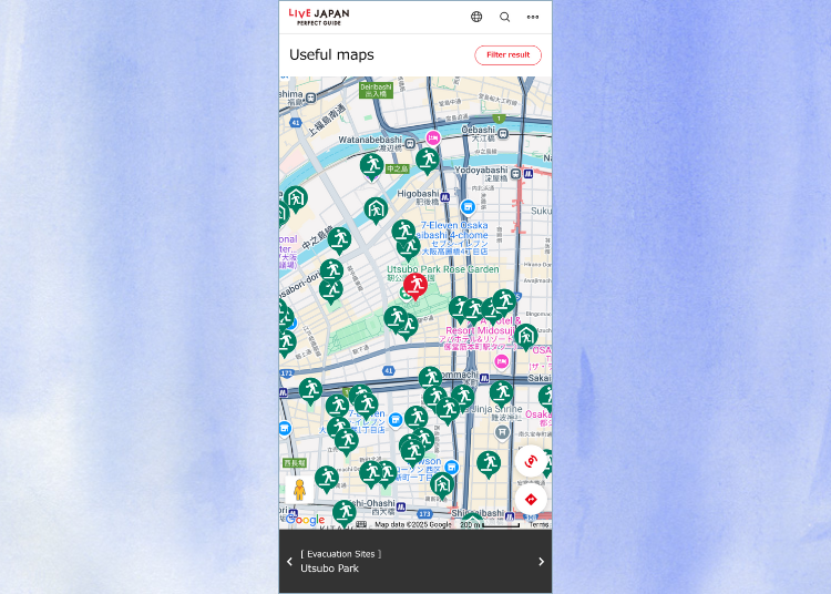 Find locations of evacuation shelters and sites on LIVE JAPAN’s “Handy Map”
