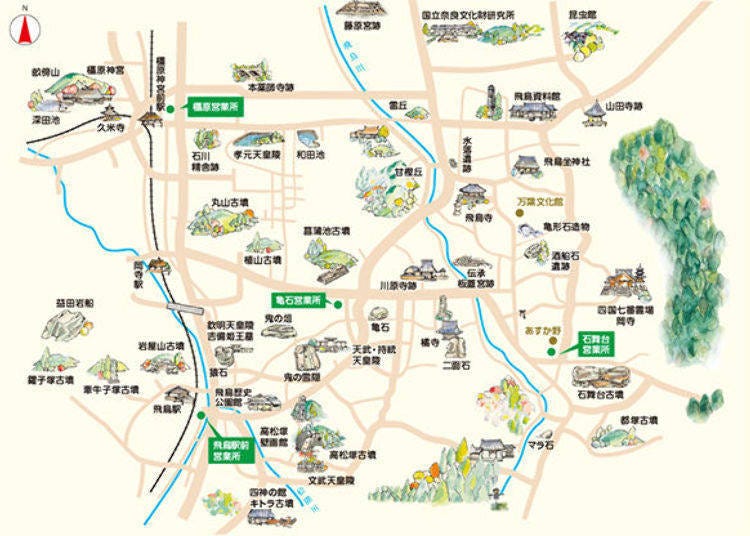 ▲Map provided by Asuka Rent-a-Cycle. From Asuka Station, seen in the lower left, head towards Ishibutai Kofun on the East Side. After confirming our route, we are on our way! (Image courtesy of Asuka Rent-a-Cycle)