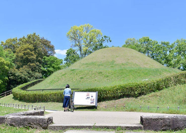 ▲Bottom diameter: 23m; top diameter: 18m; height: 5m. As seen in comparison to our writer standing in front of it, burial mounds are quite large!
