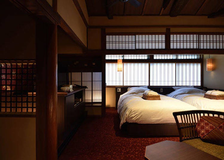 ▲Ginshu Twin Bedroom. 2 persons, 23,000 yen each plus tax on weekdays, 2 meals included.