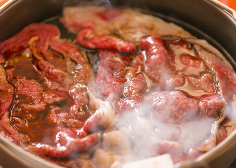 Seasoned with sugar and tamari soy sauce. The meat slowly changes in color as it is cooked in the fire.