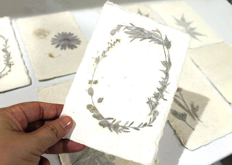 A hand-made postcard. Decorate with dried flowers before drying. You can create 4 postcards at once!