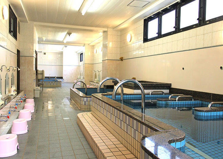 Several diverse baths include Jacuzzis and baths with electric currents. A spacious entrance leads to large baths, medicinal baths, and washing areas (women's bath pictured)