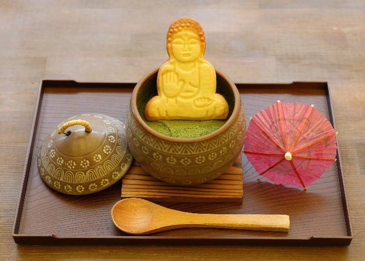 Homemade matcha tiramisu shaped like the Great Buddha