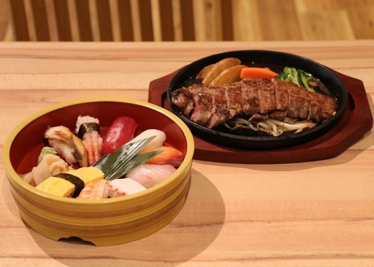 10-piece sushi set and beef sirloin steak