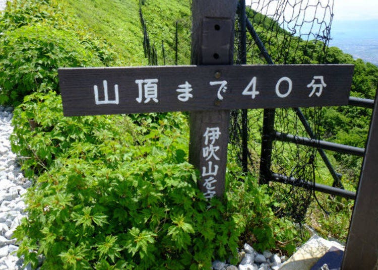 ▲西登山道的入口。標示著到達山頂所需的時間非常親切