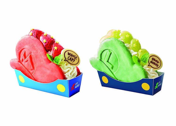 Left / "Pancake Sandwich Mario Hat - Strawberry Shortcake" Right / "Pancake Sandwich Luigi Hat - Grape Rare Cheesecake" / Image courtesy of Universal Studios Japan