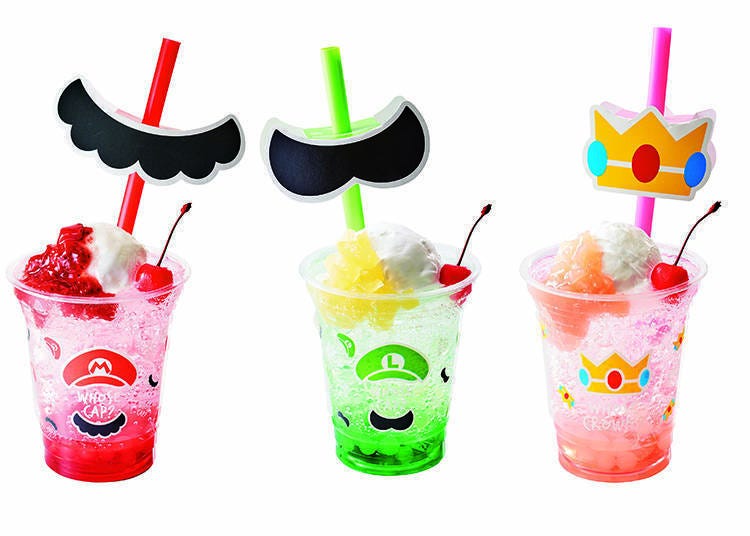 Left / "Mario's strawberry cream soda" Center / "Luigi's green apple cream soda" Right / "Princess Peach's cream soda" / Image courtesy of Universal Studios Japan