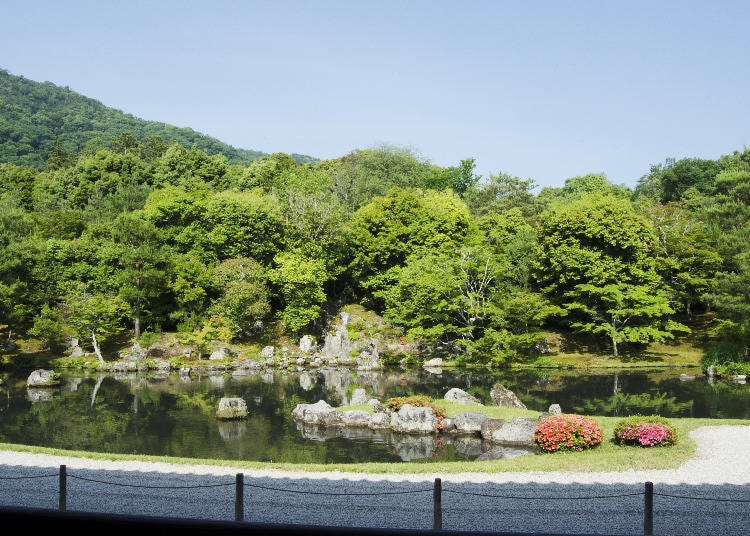 坐下欣賞以嵐山的壯觀自然景色為背景的借景式庭園