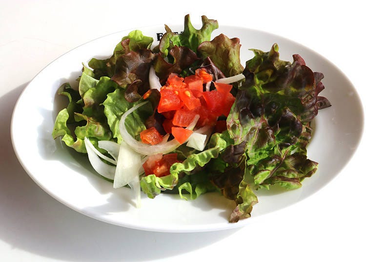 Simple salad with fresh lettuce, tomatoes, and onion slices