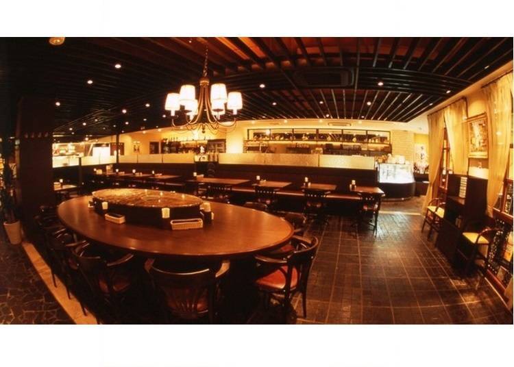 Restaurant interior with a large chandelier