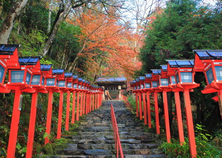10：ずらりと続く灯篭と紅葉の風景「貴船神社」