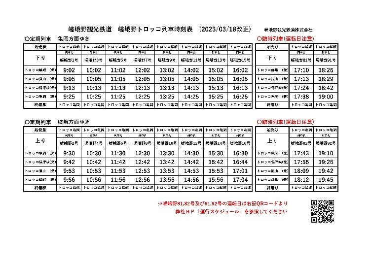 嵯峨野トロッコ列車時刻表（2024年2月時点）