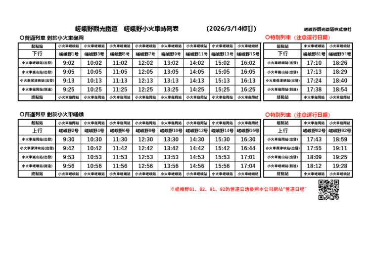 嵐山小火車列車時刻表（2026年3月資訊）