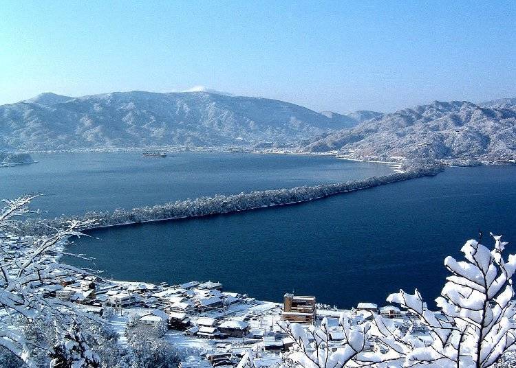 A panoramic view of Hashidate from Kasamatsu Park Observatory in the north