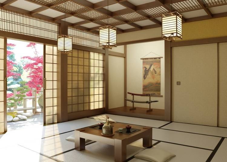 The wood under the open part of the shoji (paper sliding door) is the threshold/divider. The part of the tatami mat that is colored is the edge, and the part decorated with swords and hanging scrolls is the alcove.