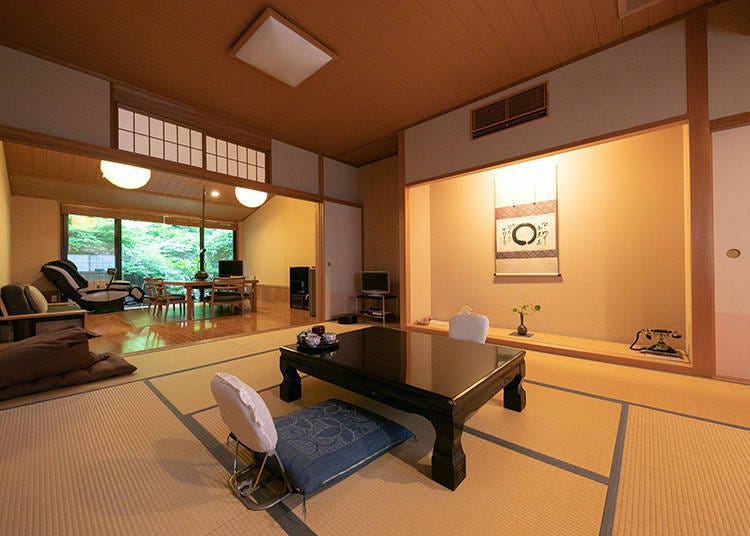 The Tsubaki Block is a special room that has a massage chair along with a beautiful view of the garden from the private bath.
