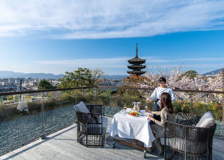 There are only two rooms available with a private terrace attached to the room, offering a panoramic view of springtime Kyoto.