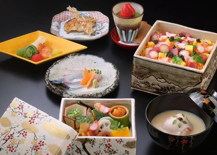 「花見膳」是使用鯛魚和竹筍等春季食材製作的晚餐