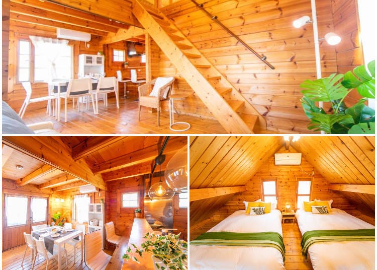 Spacious LDK (top), kitchen with dining area and counter (bottom left), second-floor bedroom (bottom right)