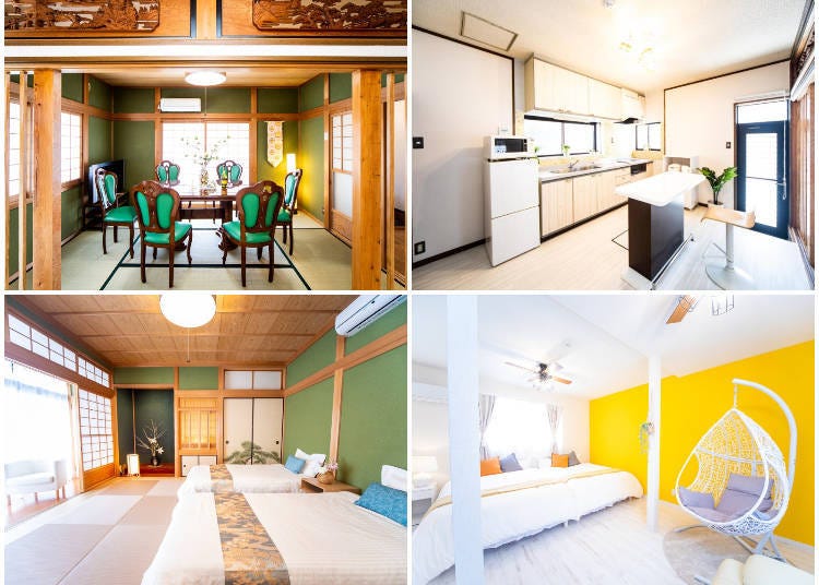 LDK with lots of Japanese atmosphere (upper left), user-friendly kitchen (upper right), bedroom on the first floor (lower left), bedroom on the second floor (lower right)