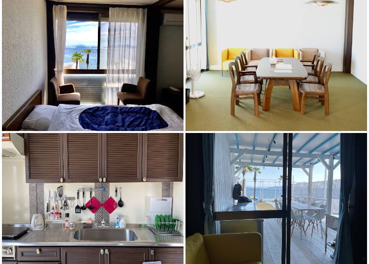可以一览琵琶湖风景的寝室（左上），客厅（右上），厨房（左下），从客厅看出去的平台（右下）
