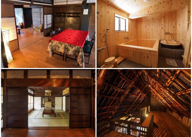 客廳、廚房（左上），檜木打造的浴室（右上）、一樓大廳和室（寢室）（左下）、留著前人智慧結晶的屋頂下（右下） 一樓的寢室