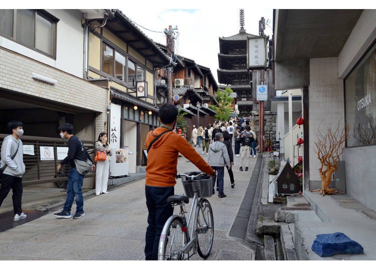 The narrow streets near Kiyomizu-dera will require you get off and push your bicycle
