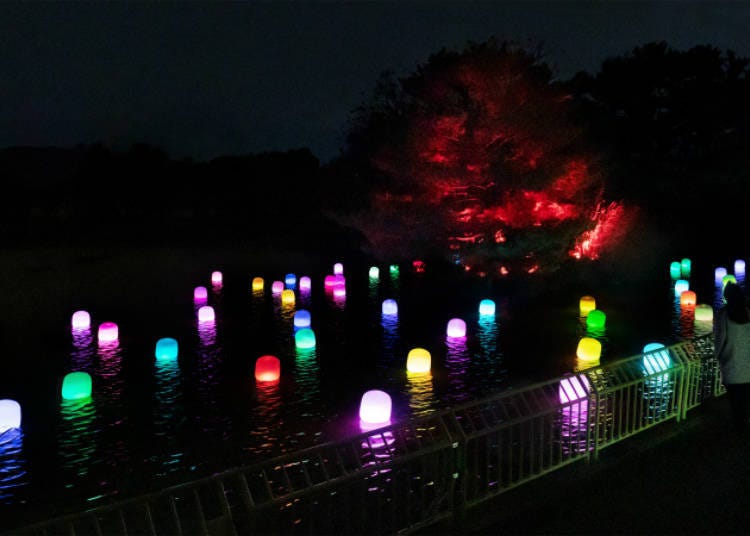 teamLab, Floating Resonating Lamps on Oike Lake - Ambiguous Colors © teamLab