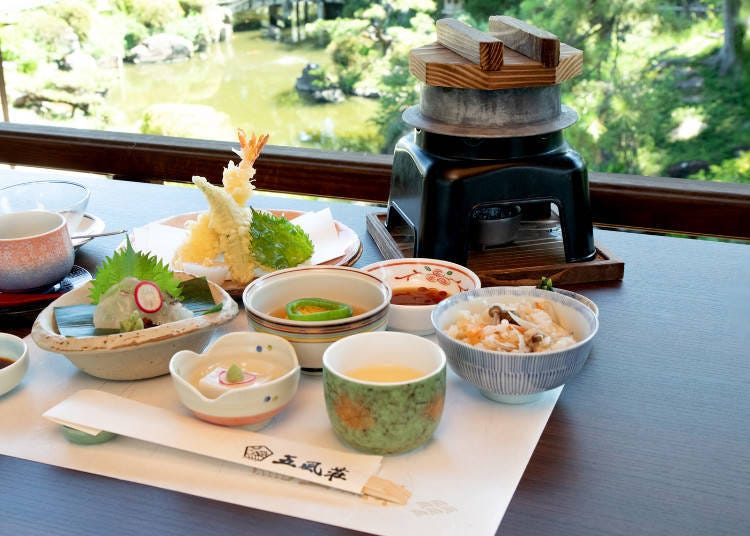 Seasonal Kamameshi Gozen, featuring freshly cooked kamameshi (kettle rice) and tempura (3,080 yen)