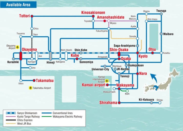 JR Kansai WIDE Area Pass coverage area (Photo: Klook)