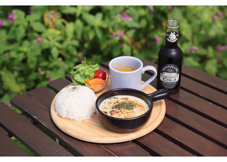 Kobe pork hamburg steak with cheese gratin (salad, soup, and rice included), 1,980 yen at Rokko Musical Box Museum & Gardens MORINONE's Morino Café.