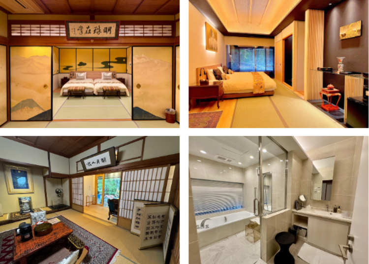 Clockwise from top left: Lotus room, Spring Dawn room, Moonlight room bath, Moonlight room living area