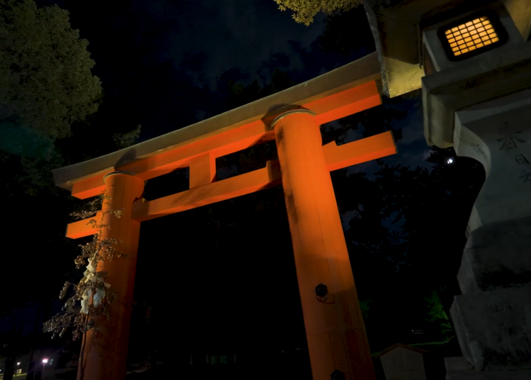 The red tones of the first torii gate of Kasugataisha Shrine glowing mystically in the night