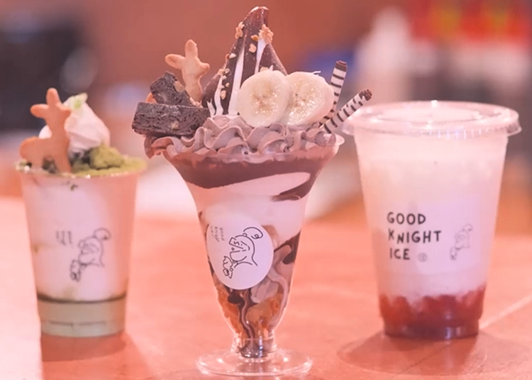 From left: Matcha and Cookie Cream Ice Cream, Rich Chocolate Parfait, Nara Kotoka Strawberry Milk