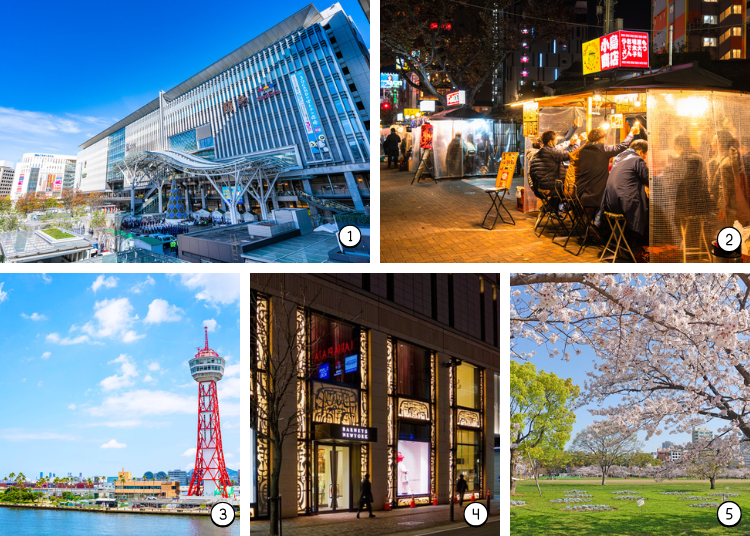5 Main Areas in Fukuoka: ①Hakata / ②Nakasu / ③Bayside / ④Tenjin / ⑤Ohori Park