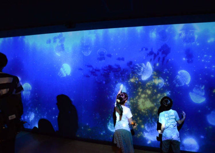 ▲ Interactive images are projected on the walls of the passageway. Touching an image of a jellyfish causes stars to sparkle and sound to be played.