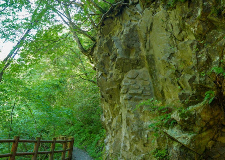 ▲This cave is called Taishaku Iwaya and it is said that Dakigaeri Taishaku Myojin, the enshrined deity in Dakigaeri Shrine, was born here. The surface looks like it is made with blocks