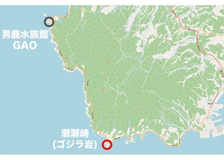 ▲오가 수족관에서 약 14km 정도 떨어져 있으며 차로 약 20분 정도 소요된다(©OpenStreetMap contributors).
