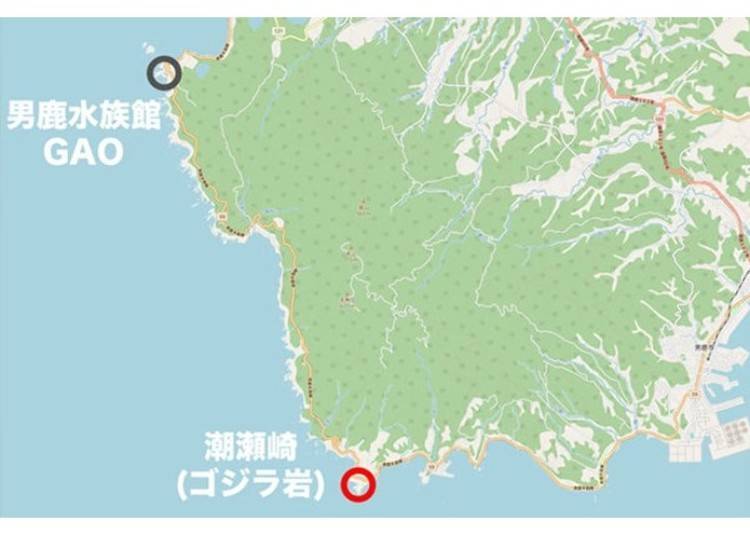 ▲哥吉拉岩距離男鹿水族館約14公里，開車大概20分鐘（©OpenStreetMap contributors）