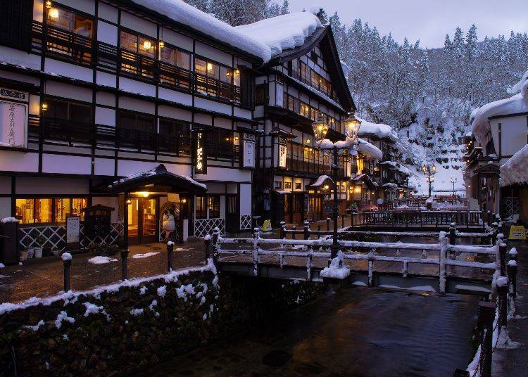 In winter, the streets of Ginzan Onsen are filled with wisps of steam, making for a dreamy cityscape