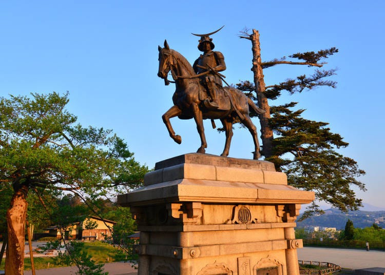 A statue of Date Masamune, the first feudal lord of Sendai, riding a horse sits on the grounds of the ruins