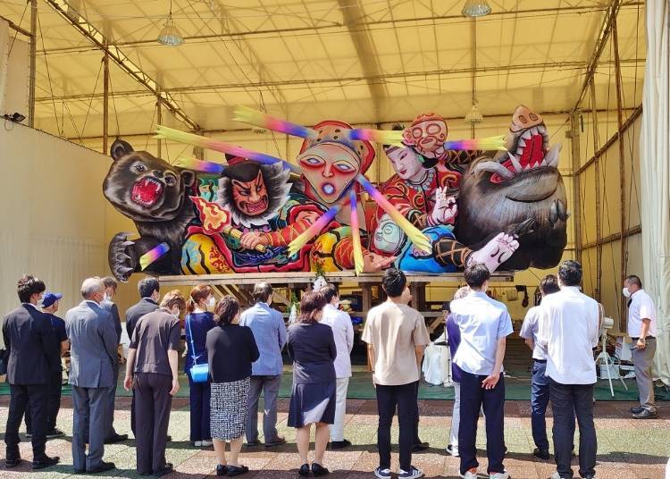A newly completed nebuta float by the Aomori Yamada High School.