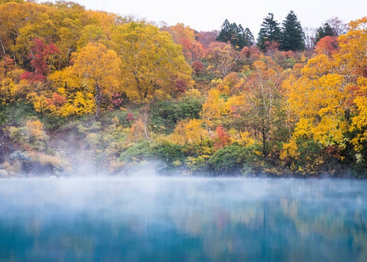The steamy waters of the waters in Jigokunuma Pond and autumn leaves