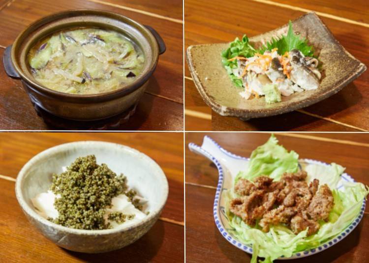 Top left: Whale hotpot "Kujirakayaki." Bottom left: "Tonburi," slathered with crunchy forest caviar. Top right: Common Akita fish-based food known as "Hatahata Izushi." Bottom right: The shop's recommendation, a Noshiro local dish known as "Pork Cartilage."