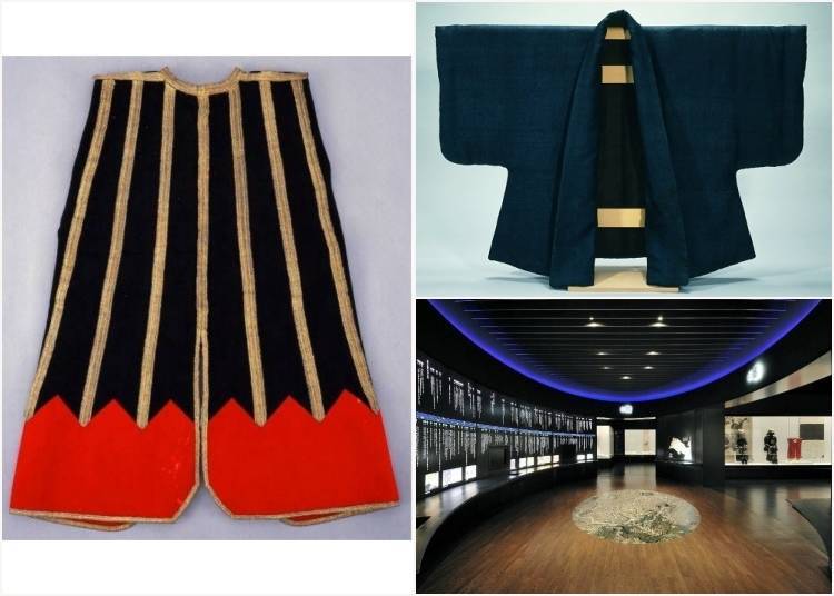 Caption: (Left) Important Cultural Asset -- Mountain pattern haori for Date Masamune, (Upper right) Important Cultural Asset -- Fine-pattern-dyed coat (both held at Sendai City Museum), (Lower right) Sendai City Museum exhibit